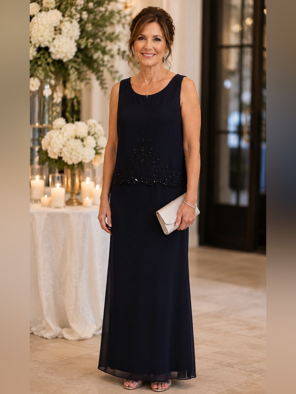 Studio I Navy Blue Beaded Sequin Evening Maxi Dress Sleeveless Column Gown 14